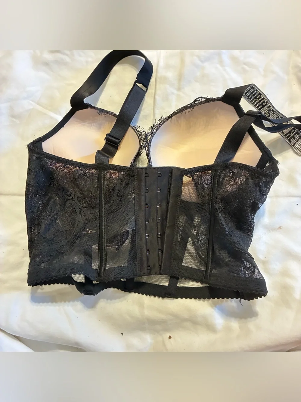 Victoria's Secret Black Lace Longline Bustier Bra with Branded Straps